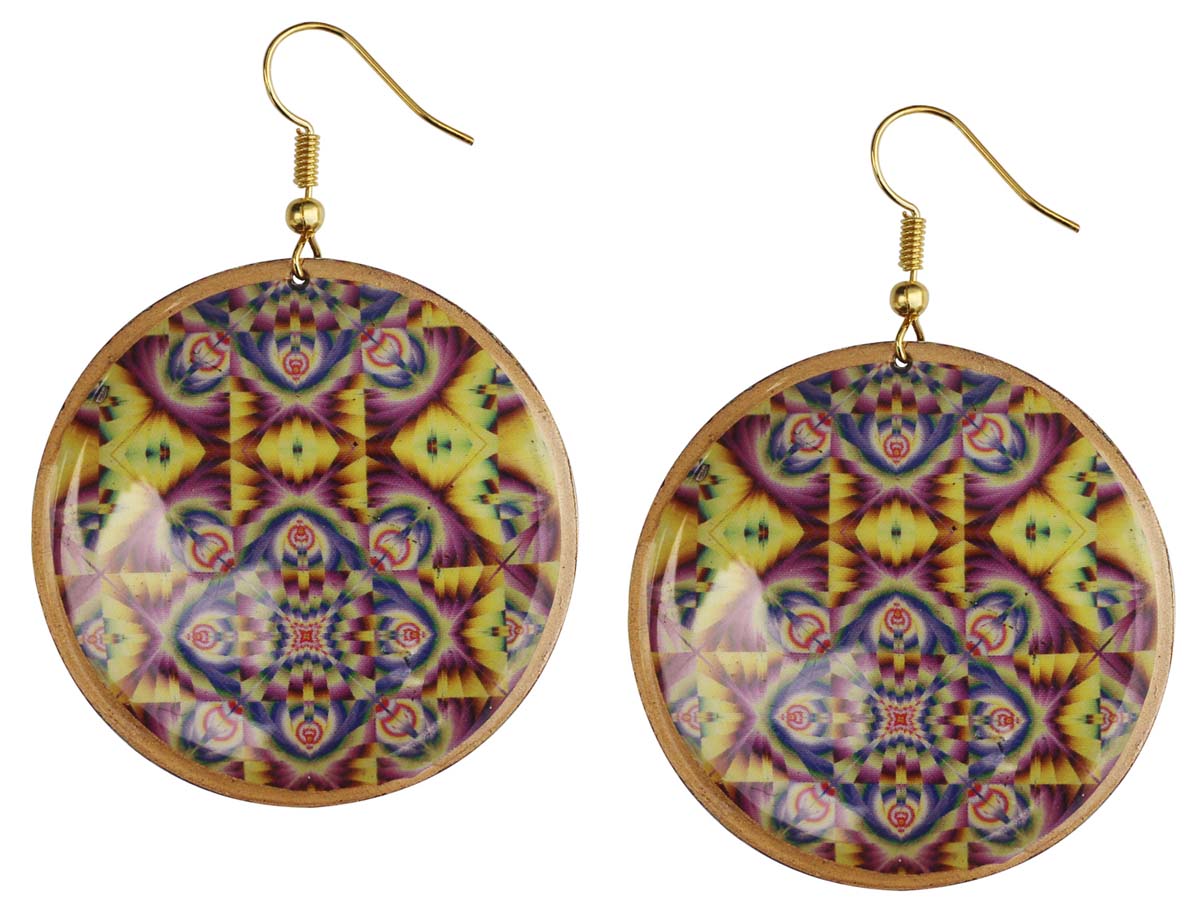 Pair of Round Hook Earrings in Brass - 2.5” Colorful Illusionary Pattern - Drop Earrings / Women Fashion Jewelry - Buy in Bulk Wholesale